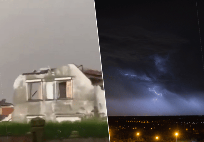 Fotomontage HLN. Een huis in het Noord-Franse dorp Bihucourt met ernstige stormschade en bliksem boven Sint-Kruis-Winkel (Gent).
