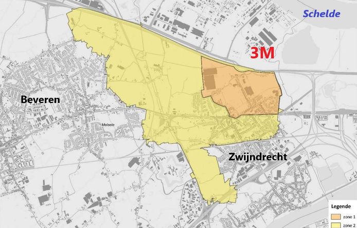 Het te saneren gebied in de omgeving van de 3M fabriek in Zwijndrecht. Voor het oranje gebied zou er voor 1 juli een saneringsplan moeten liggen. Het schoonmaken zou nog dit jaar moeten beginnen. Voor de gele zone zou tegen 1 december van dit jaar een plan van aanpak moeten liggen.