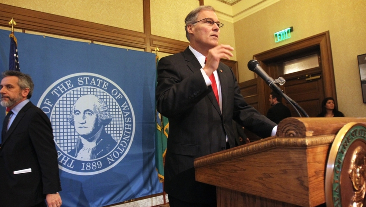Jay Inslee, de gouverneur van de staat Washington, kondigde gisteren een opschorting van de doodstraf aan. Beeld ap