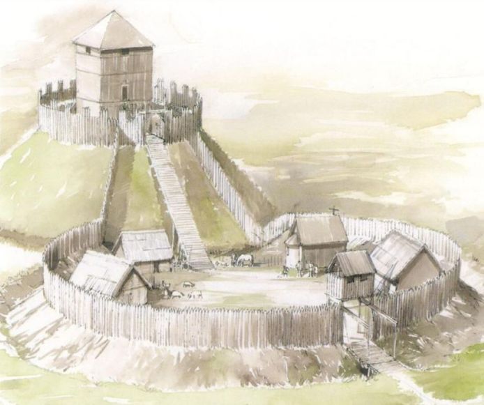 Een reconstructietekening van de middeleeuwse burcht van Ninove.