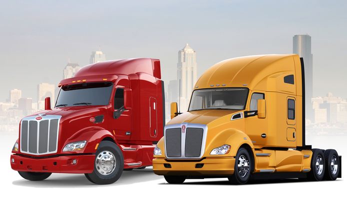 De Amerikaanse truckmerken Peterbilt (l) en Kenworth waarvoor DAF motoren gaat maken.