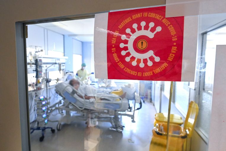 Een afdeling met coronapatiënten in een ziekenhuis in Luik. Beeld Photo News