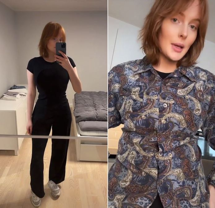 Karoline avant et après avoir enfilé la "fat suit".