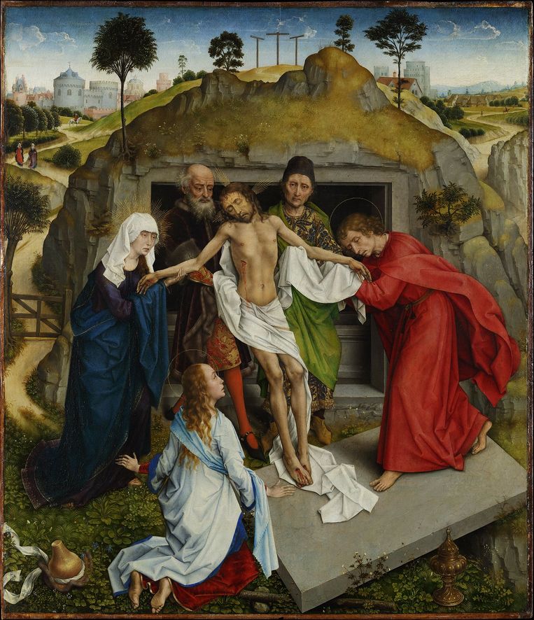 Rogier van der Weyden, De Graflegging van Christus, c.1460. Paneel, 94 x 110,7 cm. Beeld Galleria degli Uffizi, Florence.