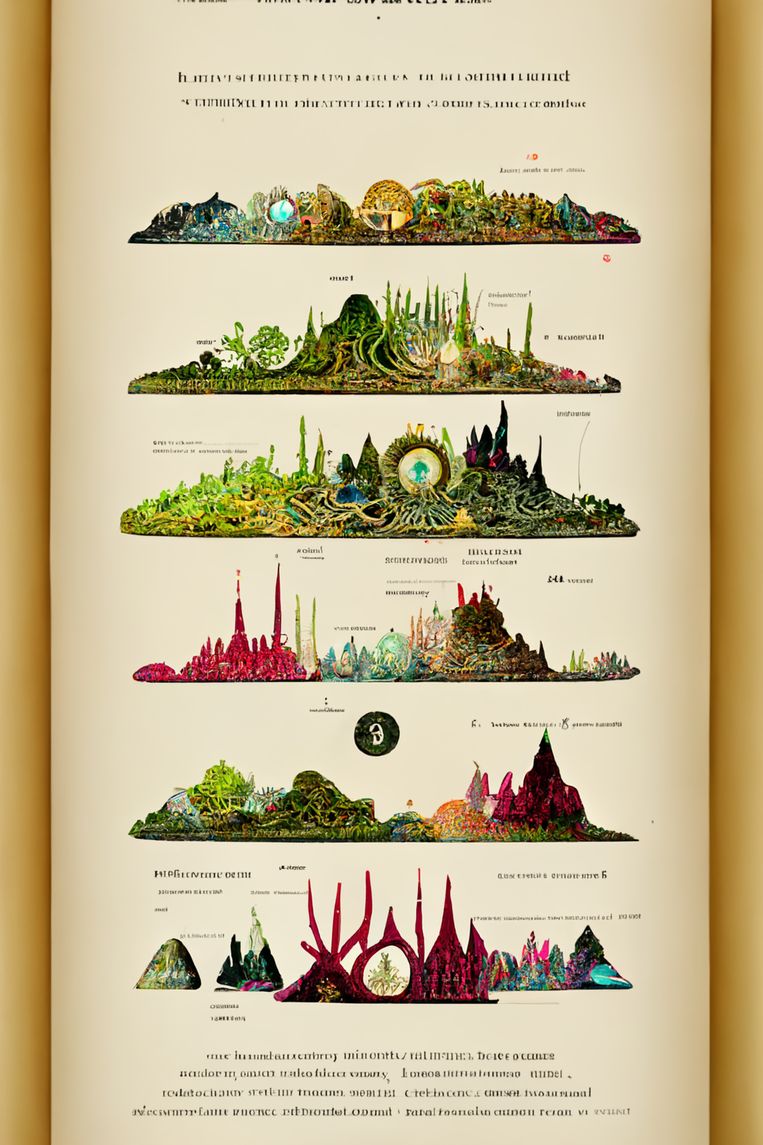 Een van de door de community hoogstgewaardeerde illustraties: 'bold ornate fantasy ecosystem infographics in the style of Herbert Bauer, Edward Tufte, David McCandless' Beeld Midjourney @whatnostop