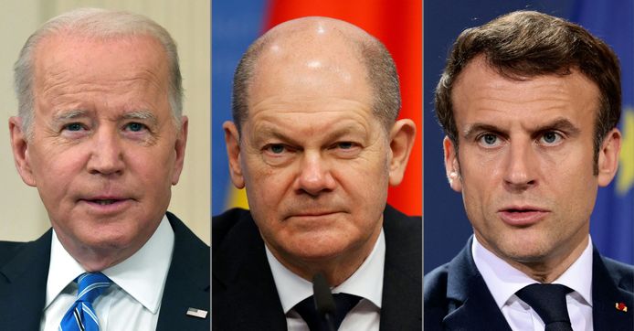 Wereldleiders veroordelen Russische aanval: Joe Biden, Olaf Scholz  en Emmanuel Macron