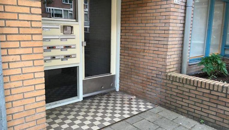 Het schietincident vond plaats voor het portiek van een flat. In de deur zijn meerdere afdrukken van kogels te zien. Beeld Maarten van Dun