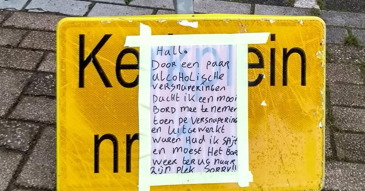 Lol! Dronkenlap brengt verkeersbord terug: 'Spijt toen alcoholische versnaperingen uitgewerkt waren'