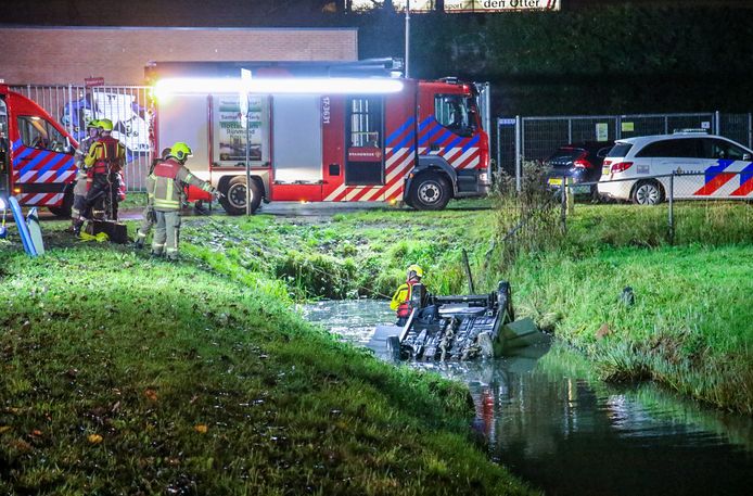 De auto belandde ondersteboven in het water.