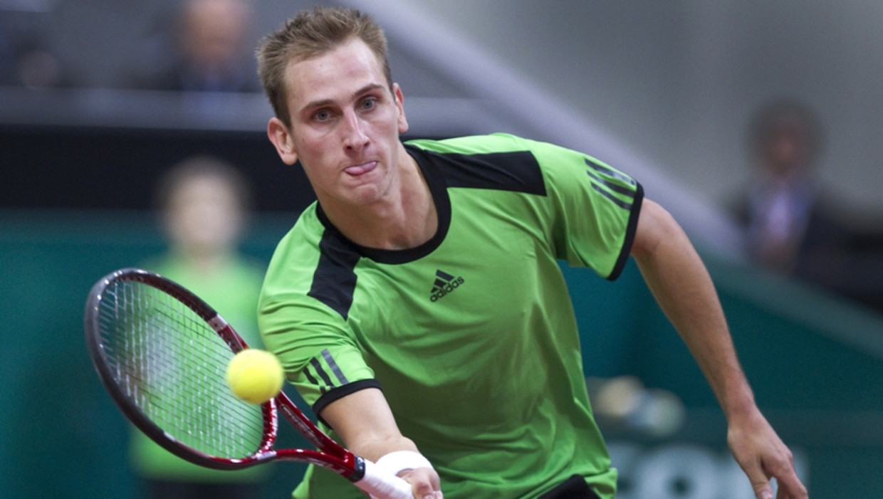 Thiemo de Bakker dinsdag in zijn partij tegen Philipp Petzschner tijdens de eerste ronde van het ABN AMRO tennistoernooi in Ahoy te Rotterdam. Beeld anp