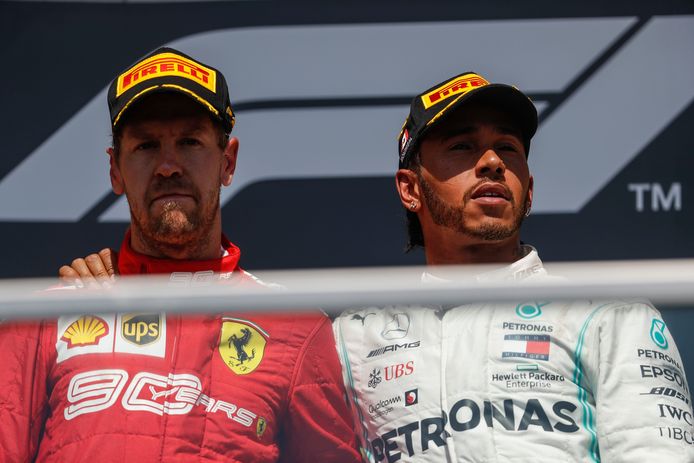 Vettel en Hamilton op het podium.