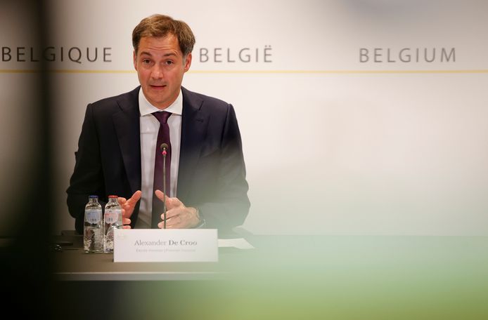 Premier Alexander De Croo (Open Vld) tijdens de persconferentie na het Overlegcomité.