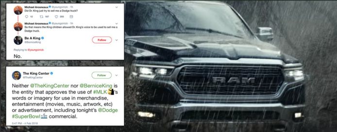 Links de verontwaardigde tweets met een reactie van de familie van Martin Luther King Jr., rechts de auto die in het omstreden filmpje gepromoot wordt.