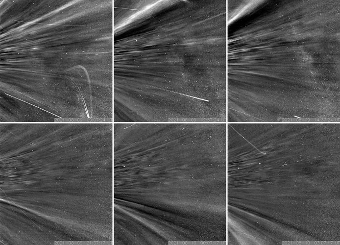 Tijdens perihelium negen vloog het ruimtevaartuig Parker langs structuren die coronale stroomlijnen worden genoemd. Deze structuren zijn te zien als heldere lijnen die omhoog bewegen in de bovenste beelden en schuin omlaag in de onderste. De stroomlijnen zijn vanaf de aarde zichtbaar tijdens totale zonsverduisteringen.