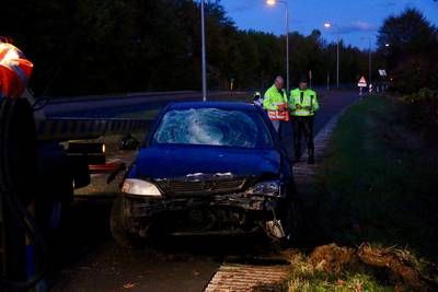 Auto rijdt verkeersborden uit de grond en valt op dak in sloot op N317