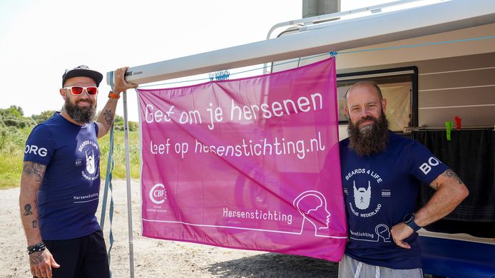 Ritchie Peperkoorn (l) en René Laenen (r) van Beards4Life, bij de radartoren Verdronken Zwarte Polder in West-Zeeuws-Vlaanderen.