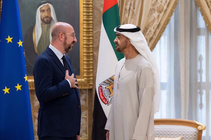 Europees-president Charles Michel op bezoek bij Mohamed bin Zayed Al Nahyan, President van de Verenigde Arabische Emiraten.