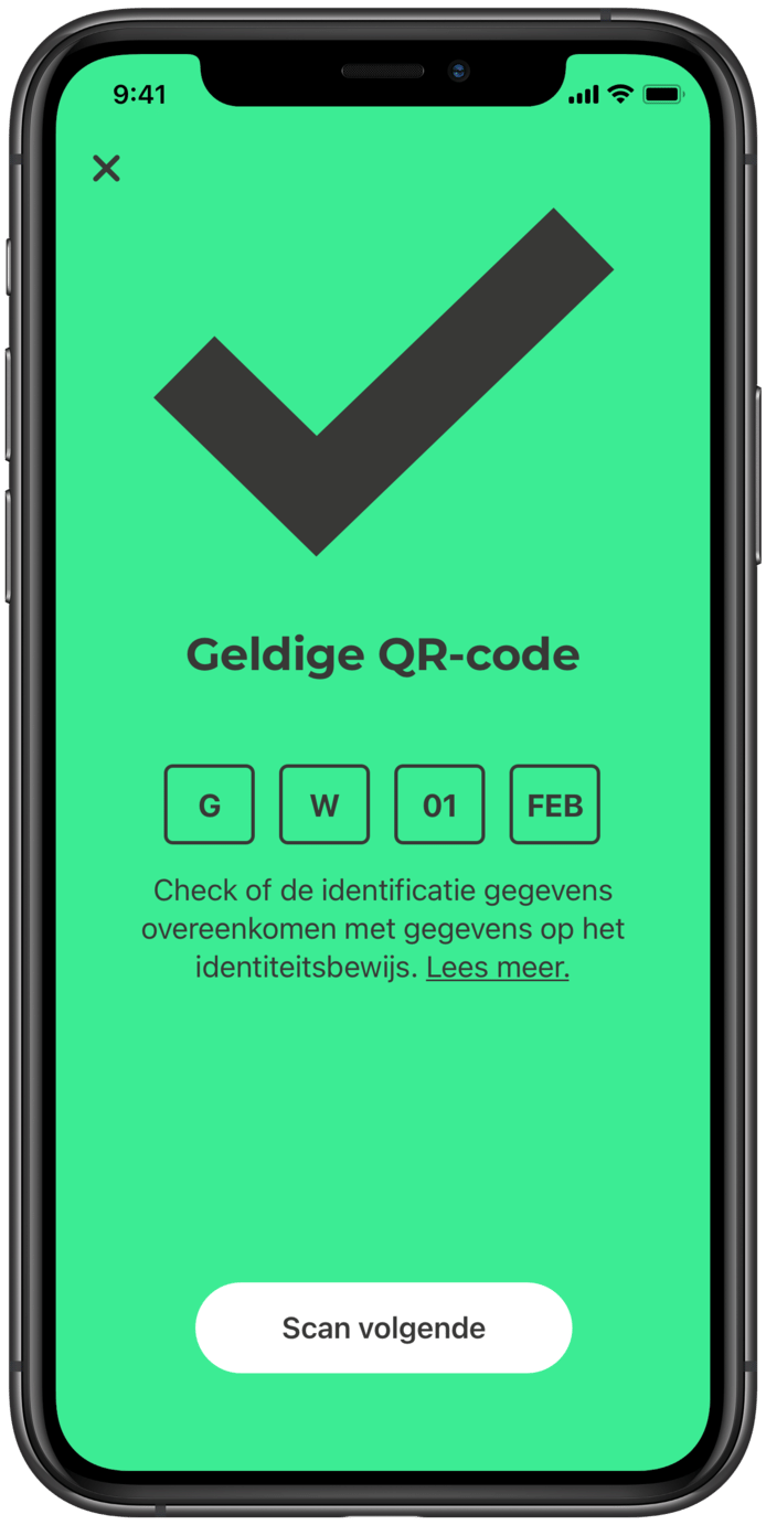 Het ‘groene scherm’ van de CoronaCheck-app die  het ministerie van Volksgezondheid wil gaan gebruiken.