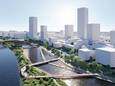 Schets van de nieuwe wijk op de plek waar het stadion zou komen. Links de nieuwe stadsbrug. Het getijdenpark, hier op de voorgrond, moet in het verlengde van het Eiland van Brienenoord komen.