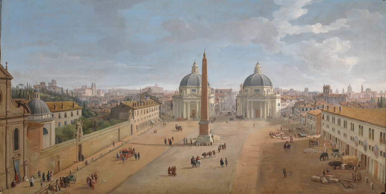 Caspar van Wittel (geboren: Jasper) vertrok voor zijn opleiding naar Rome. Daar werd hij Gaspare Vanvitelli. Hierboven zijn eerste stadsgezicht op Rome: Piazza del Popolo.  Beeld Caspar van Wittel, Gezicht op Rome met Piazza del Popolo, 1718, olieverf op doek, (Gallerie di Palazzo Zevallos Stigliano, Napels)