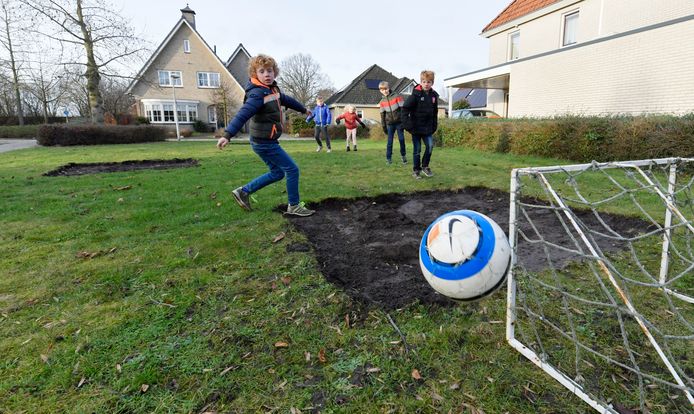 Midden op het trapveldje in de buurt komen nieuwe bomen. Het gras is al afgegraven.
