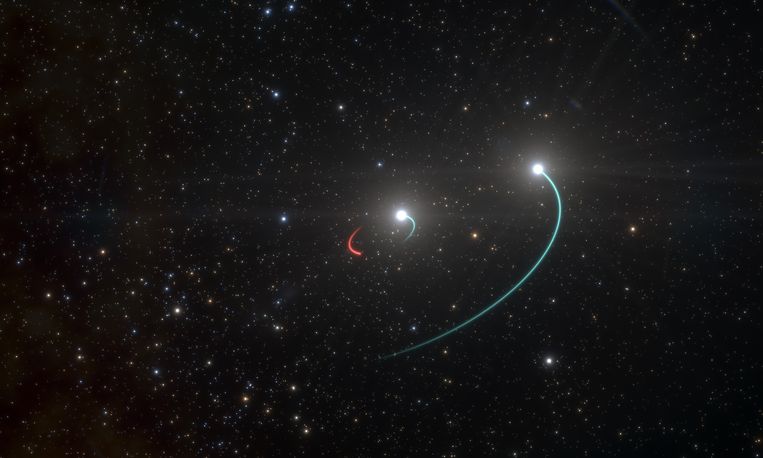 Artist's impression van het zwarte gat (rood gemarkeerd) met eromheencirkelende sterren. Beeld ESO/L. Calçada