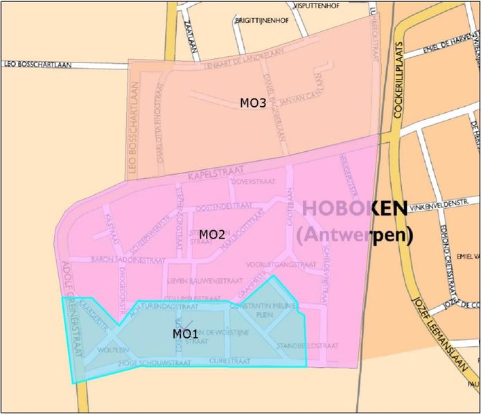 De Moretusburg is ingedeeld in drie zones om het effect van de uitstoot van de fabriek in kaart te brengen.