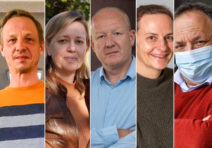Vlnr: alleenstaande papa Klaas Geussens uit Sint-Truiden, Nancy Dedeurwaerder, algemeen schooldirectrice Rhizo Kortrijk, Stefan Grielens, directeur van het Vrij CLB Netwerk, mama An Vercruysse uit Meerbeek en viroloog Marc Van Ranst.