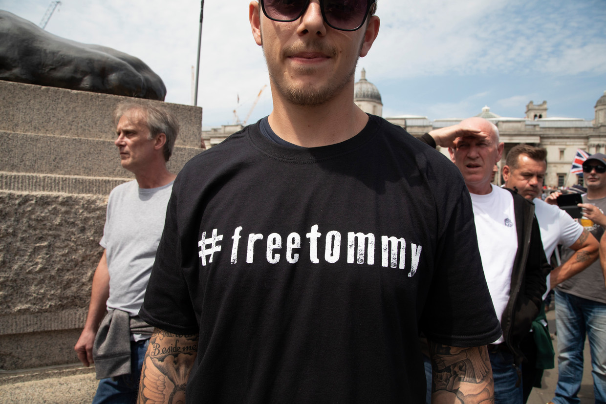 Demonstratie voor de vrijlating van Tommy Robinson in Londen. Beeld Getty