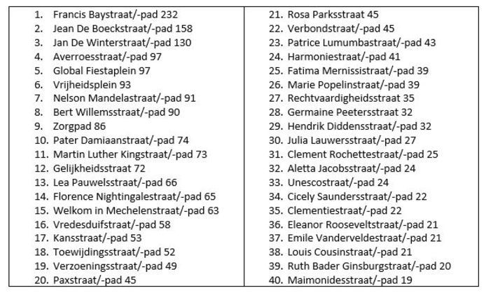 De inwoners van de Mechelse wijk Mahatma Gandhi mochten uit een lijst met 71 voorstellen 40 straatnamen kiezen. Deze werden het.