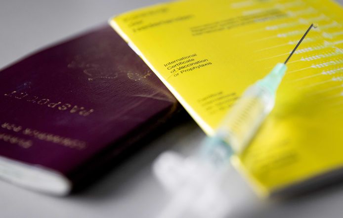 ILLUSTRATIEF - Een geel vaccinatieboekje waarin iemands vaccinaties staan geregistreerd en een paspoort.