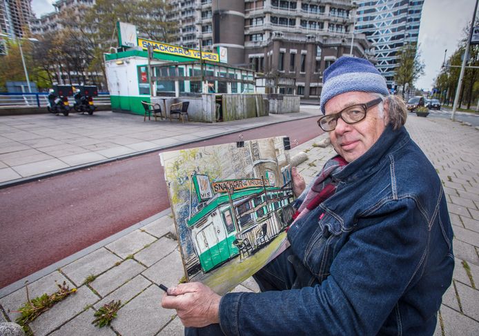 Kunstenaar Alex Verduijn den Boer heeft snackcar De Vrijheid vastgelegd in een tekening. Op de achtergrond het voormalige ministerie van Buitenlandse Zaken, waar de Tweede Kamer de komende jaren haar intrek neemt.