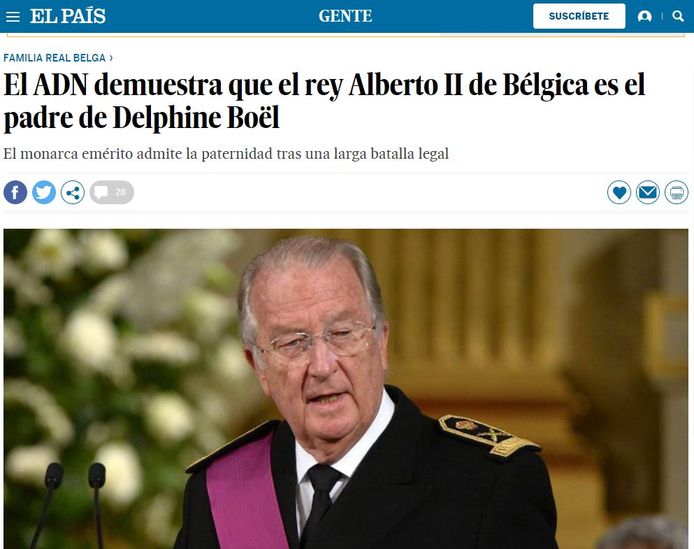 Screenshot van website El País: "DNA bewijst dat Koning Albert II van België de vader is van Delphine Boël".