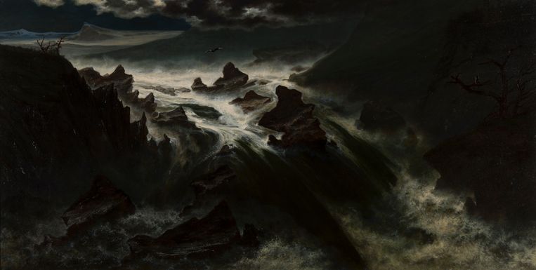     Alexander Wust (1837-1876).  Mountain Stream di Finnmark, Norwegia, oleh Moonlight, 1867. Minyak di atas kanvas, 118 x 228 cm.  Patung museum Dordrechts 