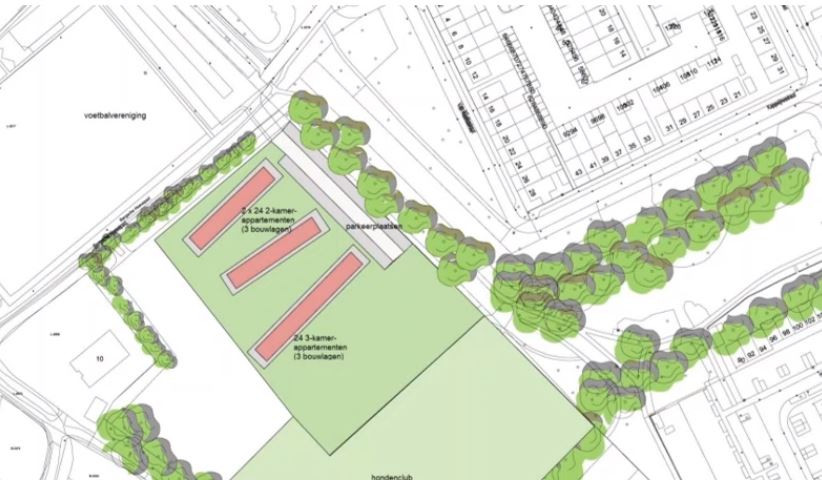 Tijdens de digitale informatiebijeenkomst werd deze plattegrond getoond van de mogelijke inrichting van het 'flexwijkje'. Linksboven het voetbalcomplex van SV Ruwaard, rechts de woonwijk zelf.