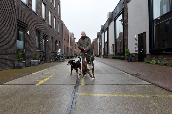 Jan Blonk met zijn honden loopt over de grote betonnen platen op Defensie-eiland.