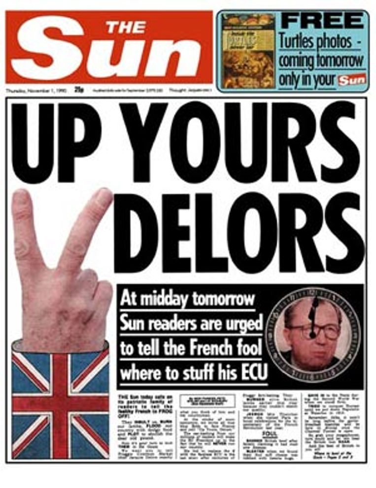 Eurosceptische berichtgeving van The Sun (zoals deze voorpagina uit 2015) beïnvloedt de Britse publieke opinie, blijkt uit onderzoek.    Beeld The Sun