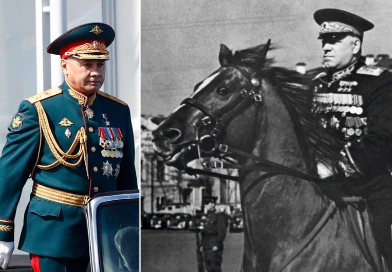 Sergej Sjojgoe (links) wordt weleens vergeleken met Stalins veldmaarschalk Georgi Zjoekov. Beeld EPA/Mil.ru