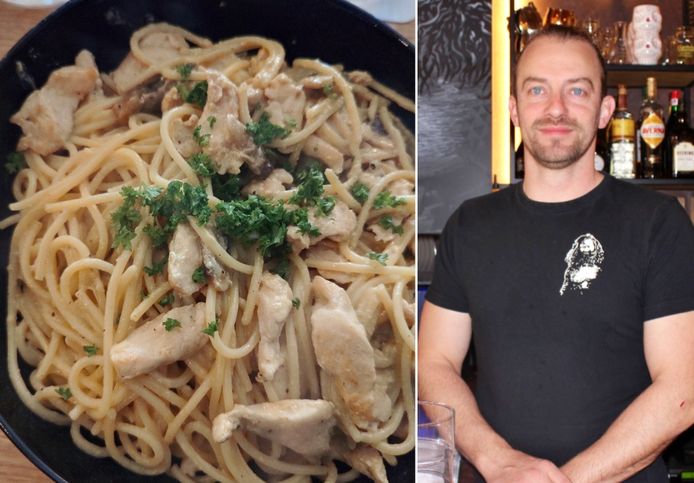 Links: de glutenvrije pasta chicken. Rechts: Bart Hooghe van Barbaar.
