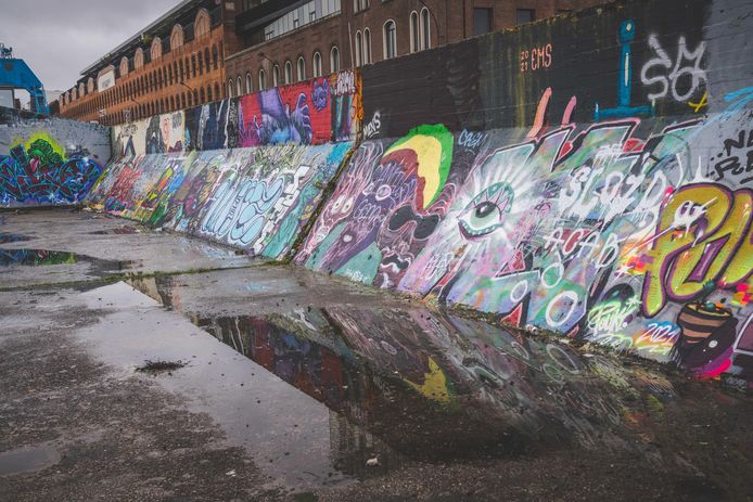 graffiti op de grindbakken aan Dok Noord in gent