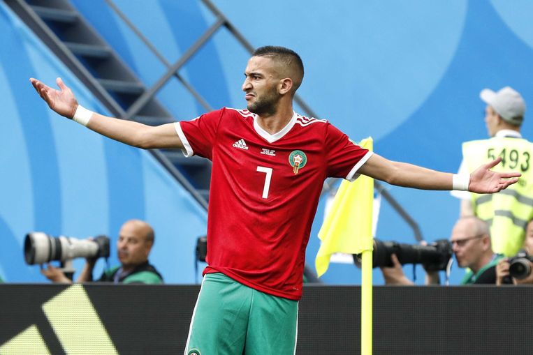 Middenvelder Hakim Ziyech tijdens de WK wedstrijd Marokko tegen Iran. Beeld ANP