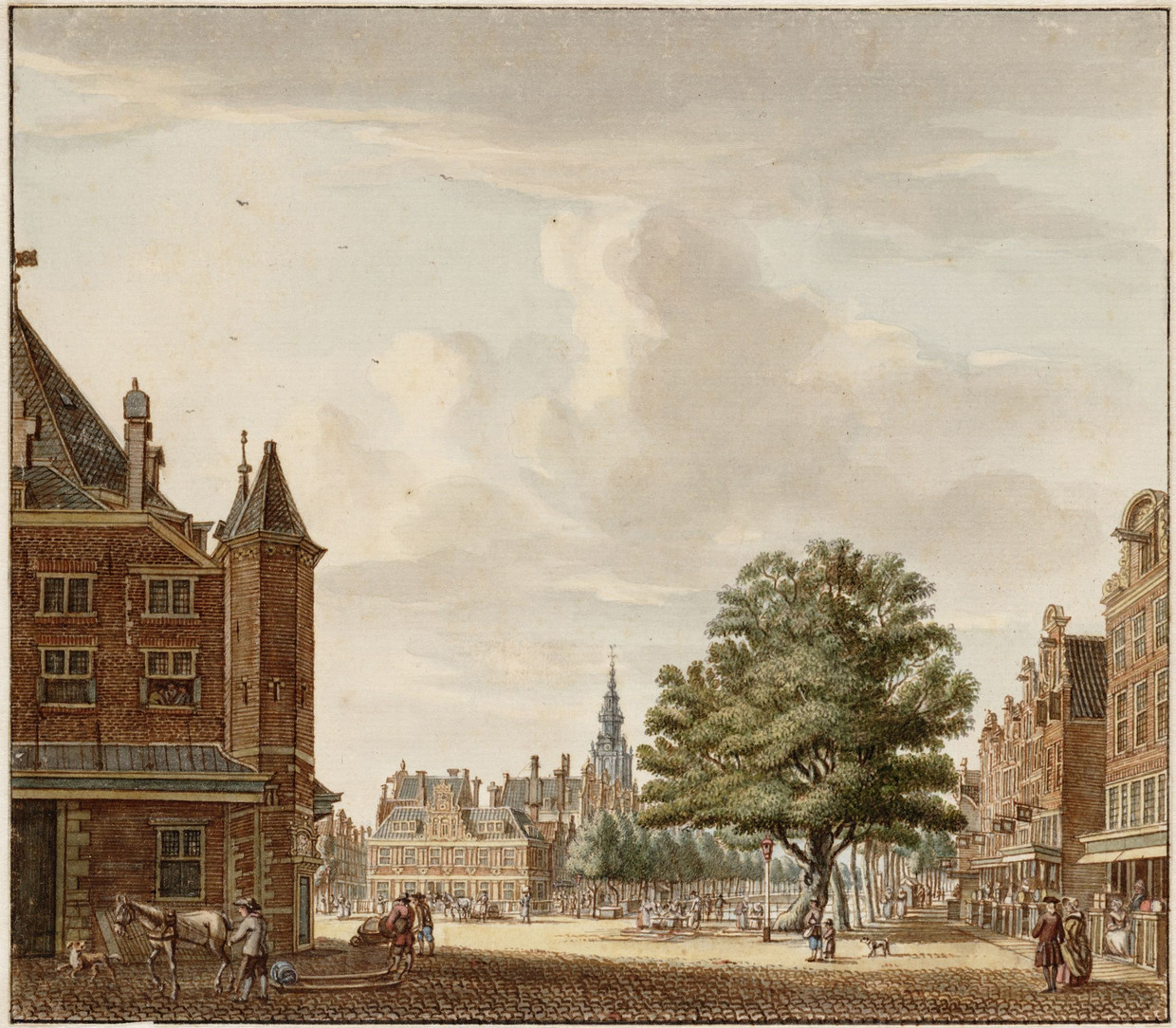 Tekening van de Nieuwmarkt, in 1787 gemaakt door Jan de Beijer, met op de achtergrond links de voormalige Meelhal, later huis Het Hekje. Beeld Amsterdams Stadsarchief