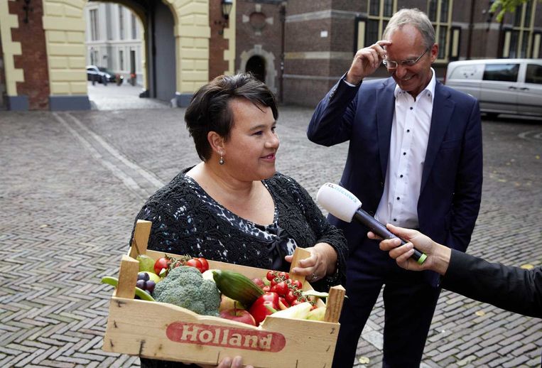 Staatssecretaris Sharon Dijksma (Economische Zaken) kwam vandaag met een kratje met onder meer broccoli, tomaten, aubergine, druiven, komkommer en appel naar de eerste ministerraad. Beeld anp