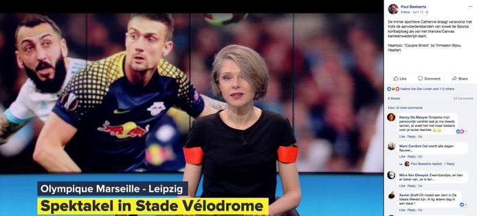 "De immer sportieve Catherine draagt vanavond met trots de aanvoerdersbanden van zowel de Sporza-korfbalploeg als van het Vranckx/Canvas-kamelenwedstrijdteam. Haartooi: 'Coupe Briard' bij Trimsalon Bijou, Haaltert."