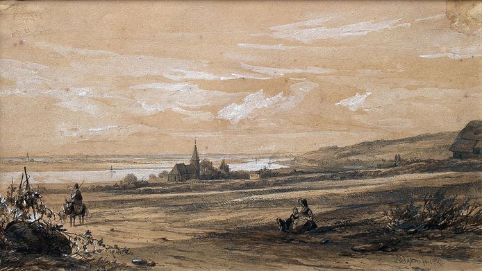 Het beroemde zicht op de Oude Kerk in Oosterbeek vanaf de Geelkerkenkamp, vastgelegd op een aquarel van Jacobus Pelgrom uit 1848.