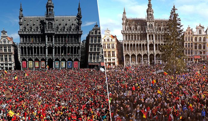 De Grote Markt van Brussel bij het ontvangst van de Rode Duivels (links) en vandaag van de Red Lions: bijna identiek.