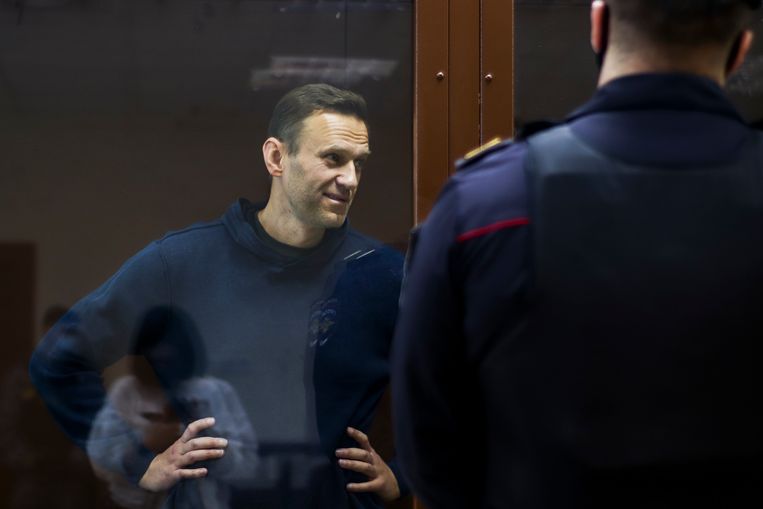 Navalny op zijn proces. Beeld AP