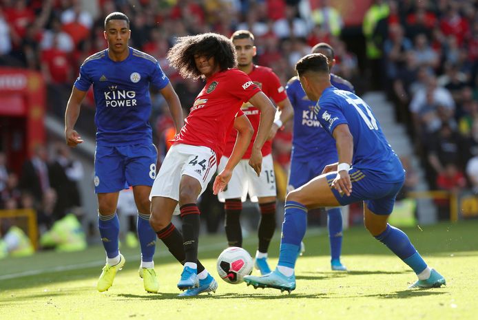 Tahith Chong in actie tijdens Manchester United - Leicester City begin dit seizoen.