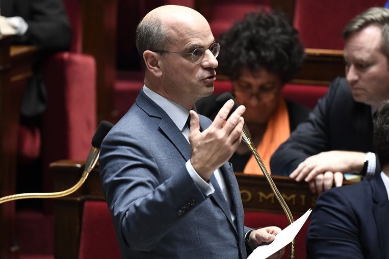 De Franse onderwijsminister Jean-Michel Blanquer in het parlement. Beeld AFP