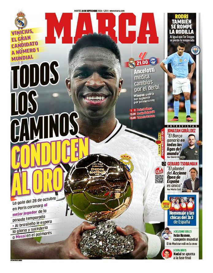 Vinicius avec le Ballon d'Or: la Une de Marca qui a mal vieilli.